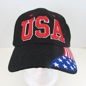 USA Embroidered Logo with Embroidered Flag Men's Black Adj Strap Back Cap Hat